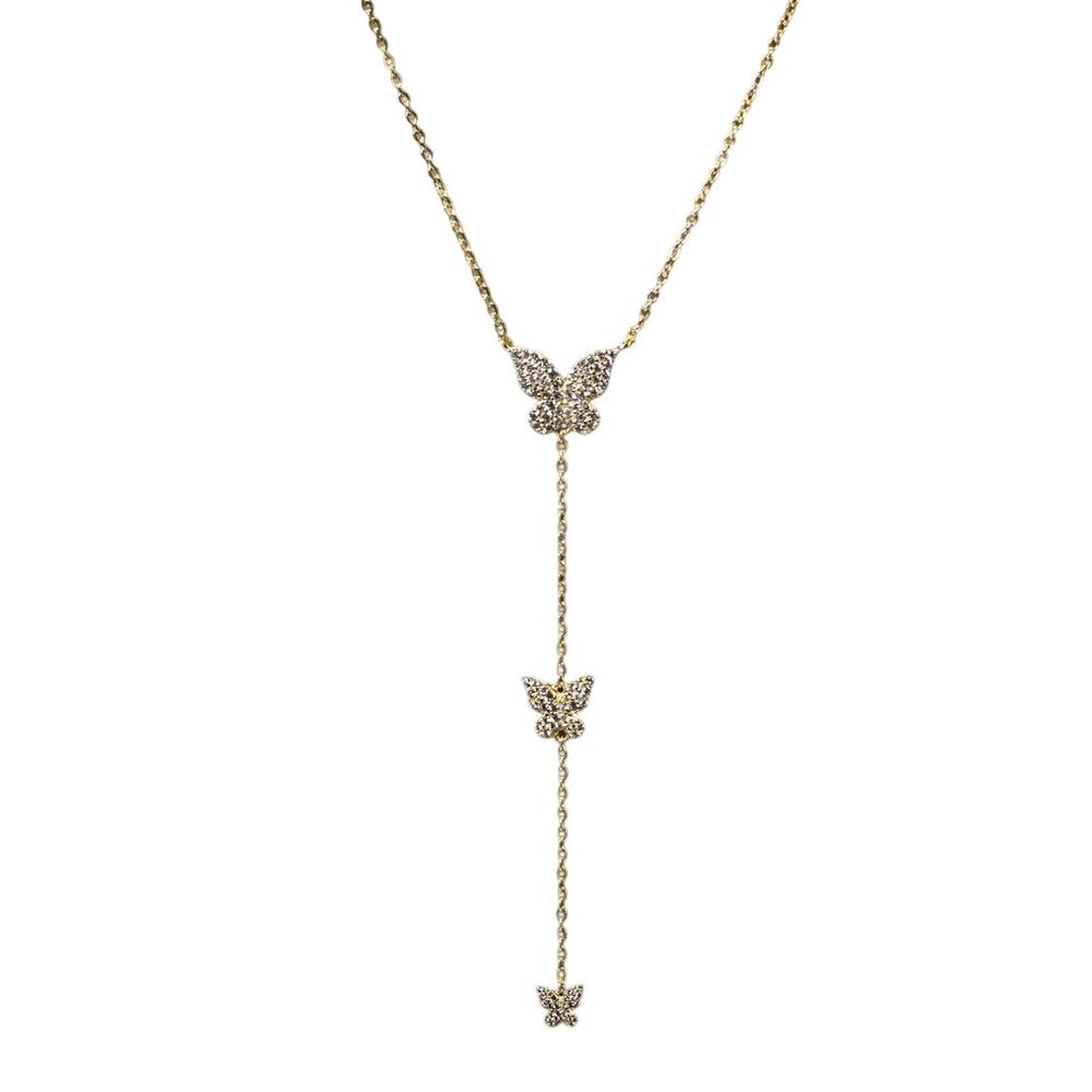 Three Butterfly Lariat Necklace Drop Down Y Statement Necklace
